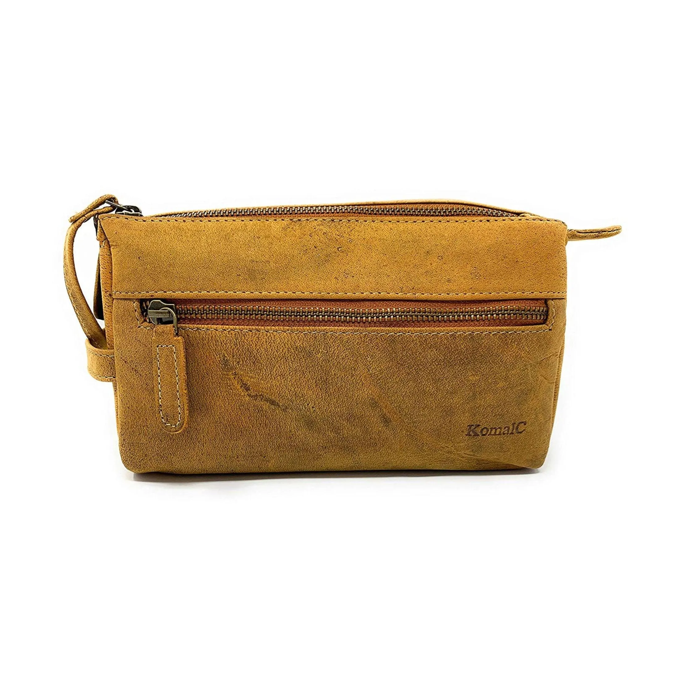 Unisex Genuine Buffalo Leather Toiletry Bag - Distressed Yellow Tan Travel Dopp Kit