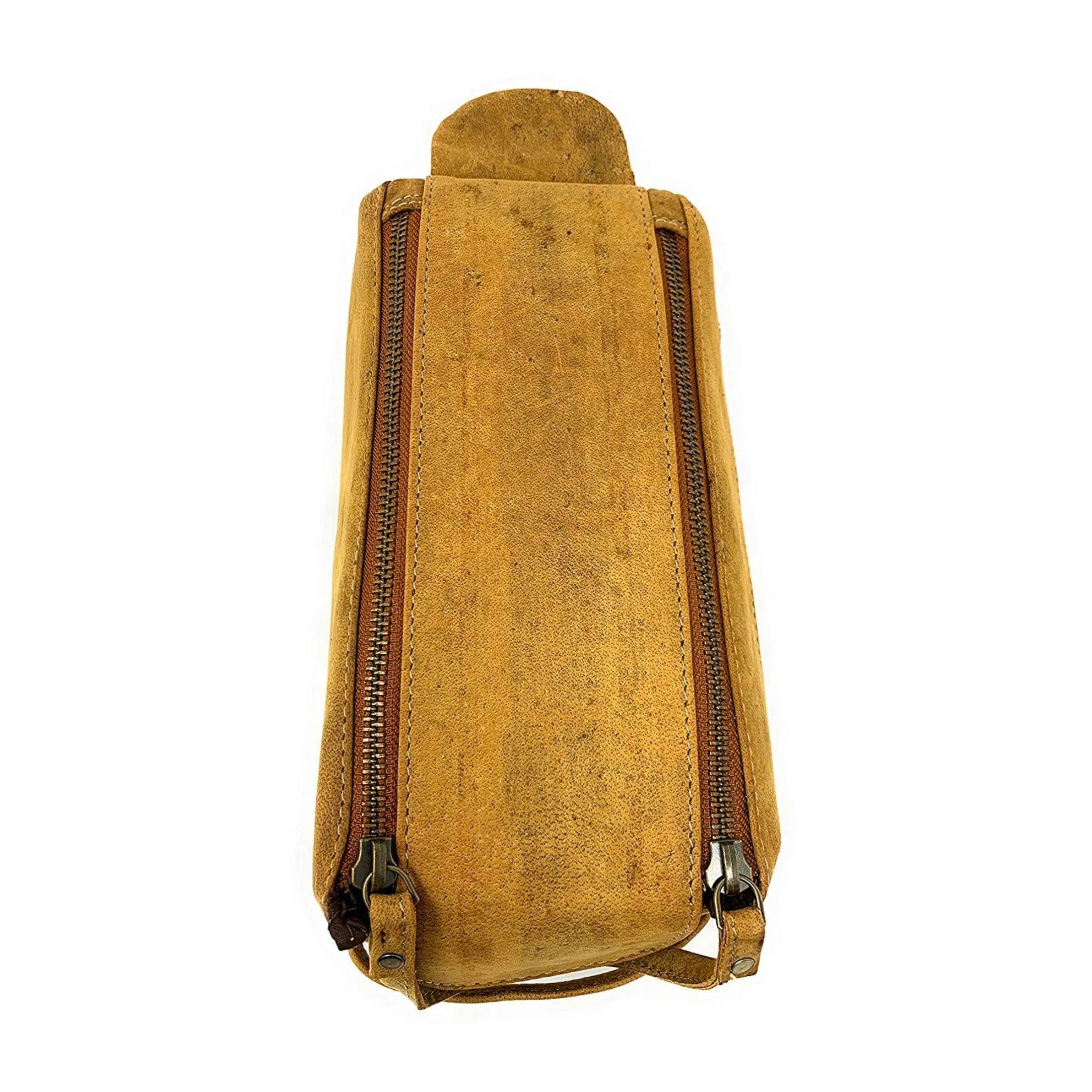 Unisex Genuine Buffalo Leather Toiletry Bag - Distressed Yellow Tan Travel Dopp Kit