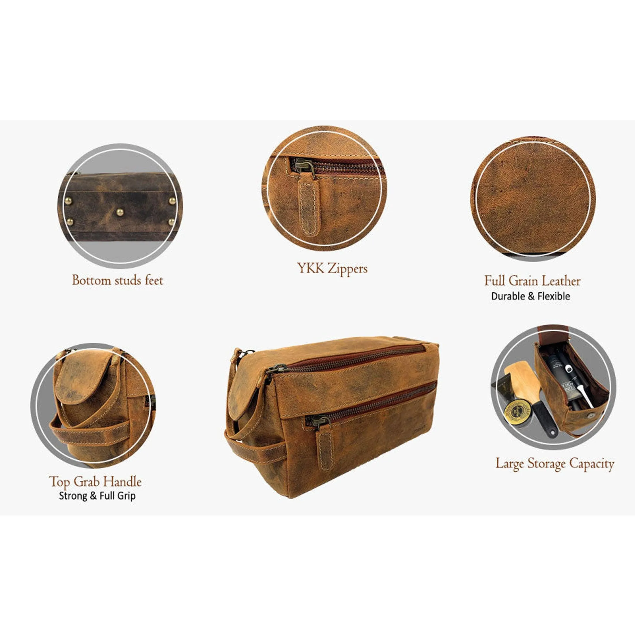 Unisex Genuine Buffalo Leather Toiletry Bag - Distressed Yellow Tan Travel Dopp Kit