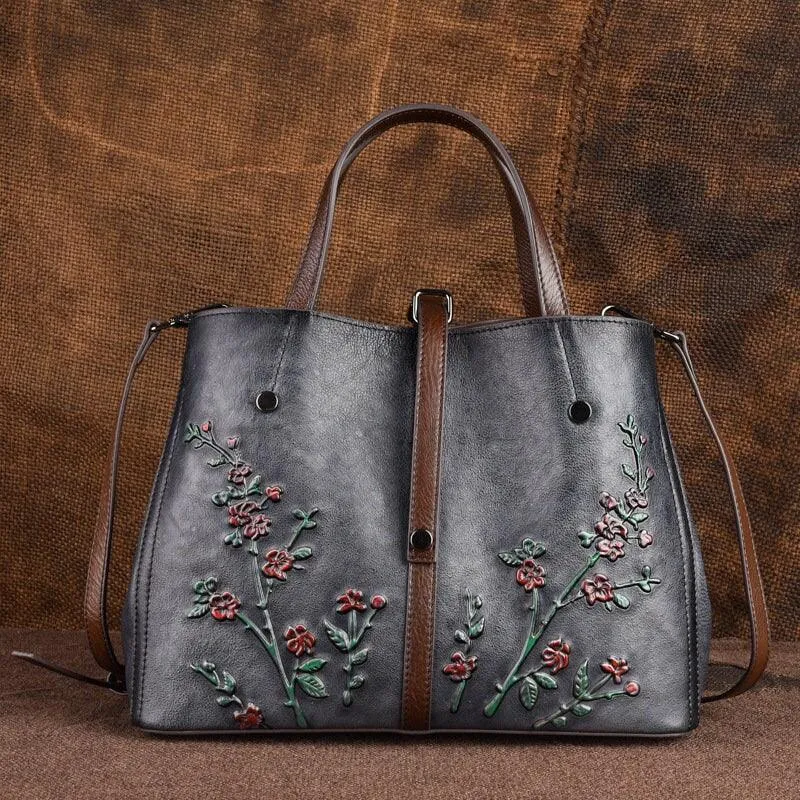 Genuine Cowhide Leather Floral Tote bag | Vintage Leather Shoulder Bag, Retro Style Leather bag,  Gift for her