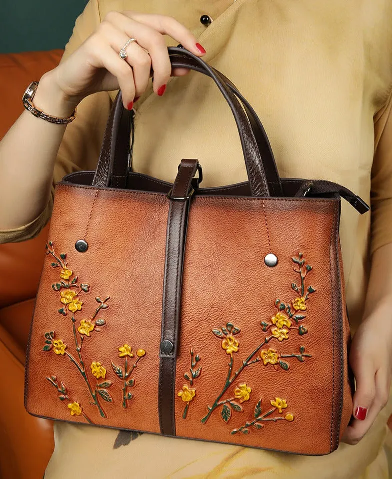 Genuine Cowhide Leather Floral Tote bag | Vintage Leather Shoulder Bag, Retro Style Leather bag,  Gift for her