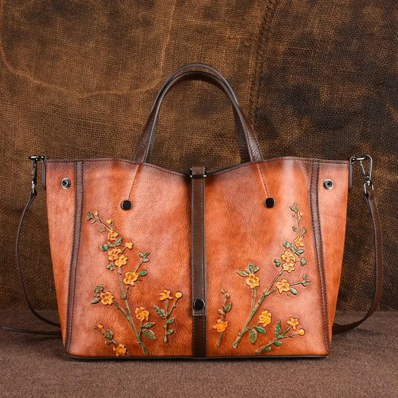 Genuine Cowhide Leather Floral Tote bag | Vintage Leather Shoulder Bag, Retro Style Leather bag,  Gift for her