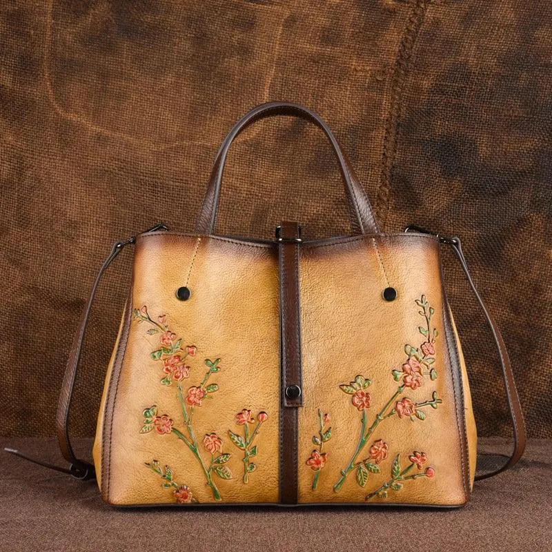 Genuine Cowhide Leather Floral Tote bag | Vintage Leather Shoulder Bag, Retro Style Leather bag,  Gift for her