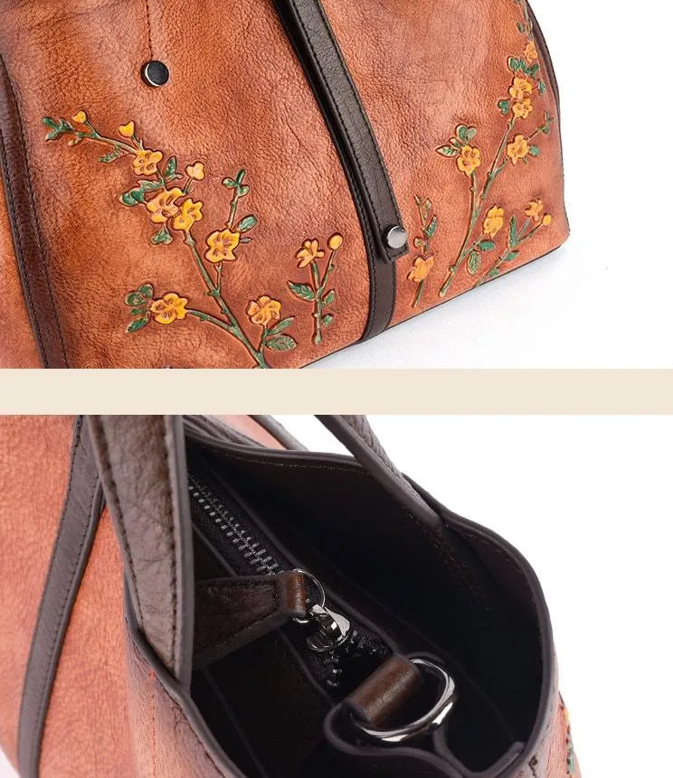 Genuine Cowhide Leather Floral Tote bag | Vintage Leather Shoulder Bag, Retro Style Leather bag,  Gift for her