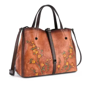 Genuine Cowhide Leather Floral Tote bag | Vintage Leather Shoulder Bag, Retro Style Leather bag,  Gift for her