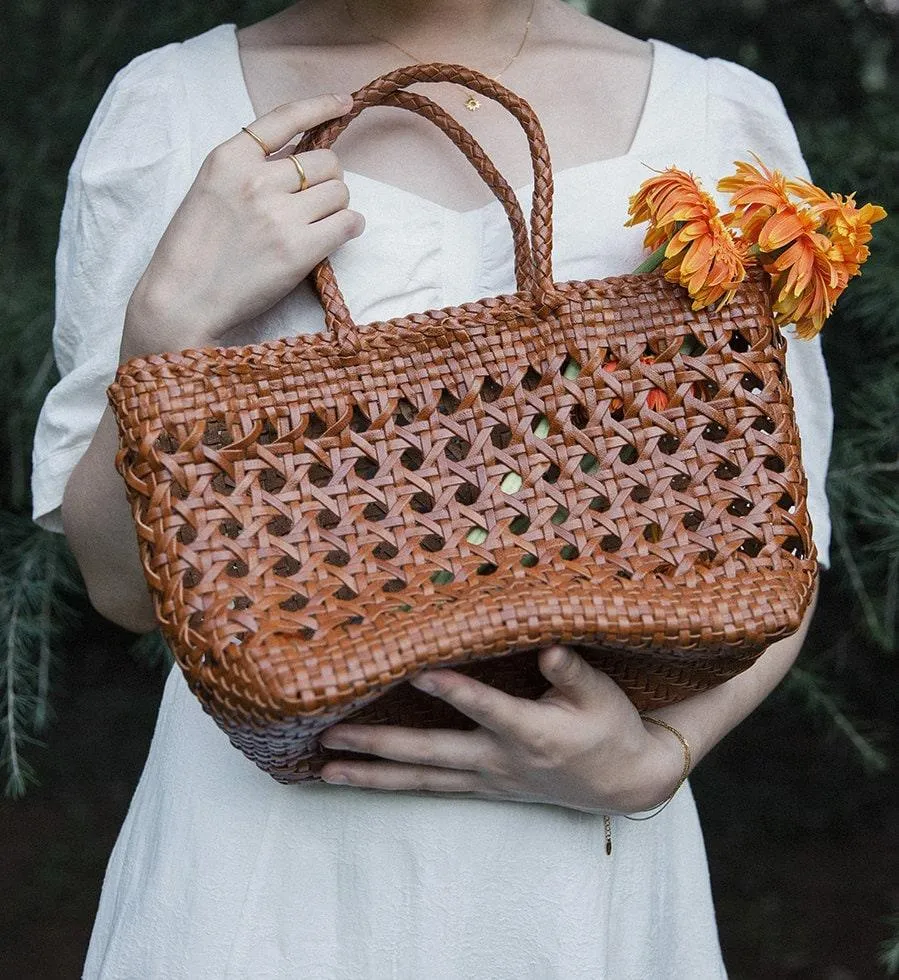 Genuine Leather Hand Woven Cuboid Shaped Ladies Tote Bag | Open Rattan Woven Triple Jump Bamboo Ladies Hobo Holiday Bag, Weekend Basket Bag