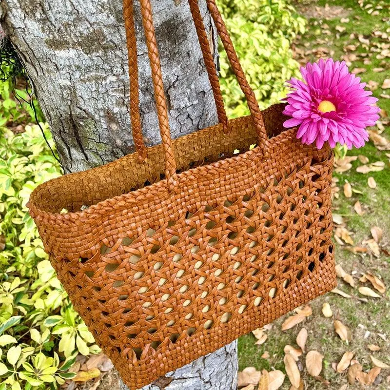 Genuine Leather Hand Woven Cuboid Shaped Ladies Tote Bag | Open Rattan Woven Triple Jump Bamboo Ladies Hobo Holiday Bag, Weekend Basket Bag