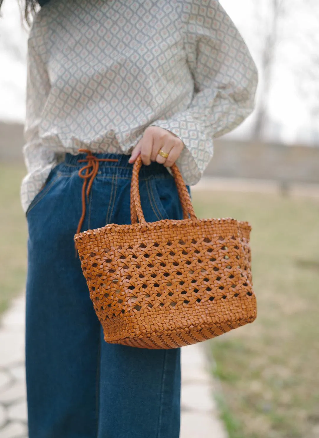 Genuine Leather Hand Woven Cuboid Shaped Ladies Tote Bag | Open Rattan Woven Triple Jump Bamboo Ladies Hobo Holiday Bag, Weekend Basket Bag