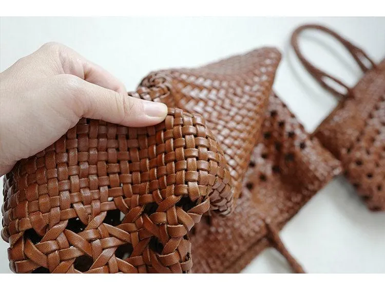 Genuine Leather Hand Woven Cuboid Shaped Ladies Tote Bag | Open Rattan Woven Triple Jump Bamboo Ladies Hobo Holiday Bag, Weekend Basket Bag