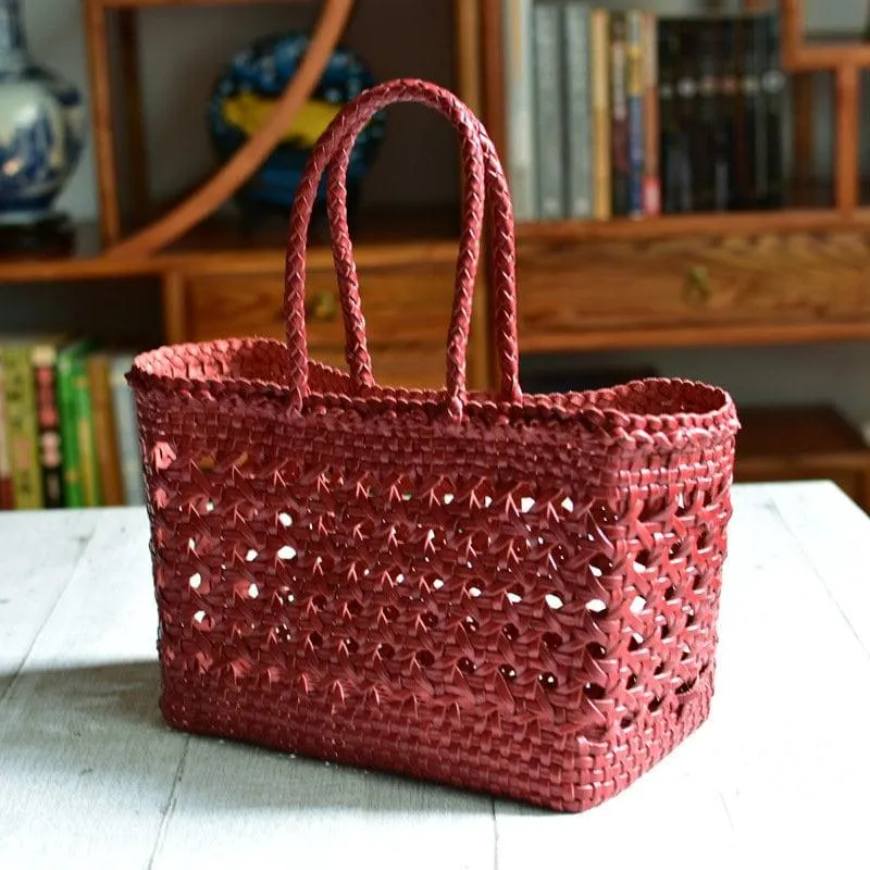 Genuine Leather Hand Woven Cuboid Shaped Ladies Tote Bag | Open Rattan Woven Triple Jump Bamboo Ladies Hobo Holiday Bag, Weekend Basket Bag