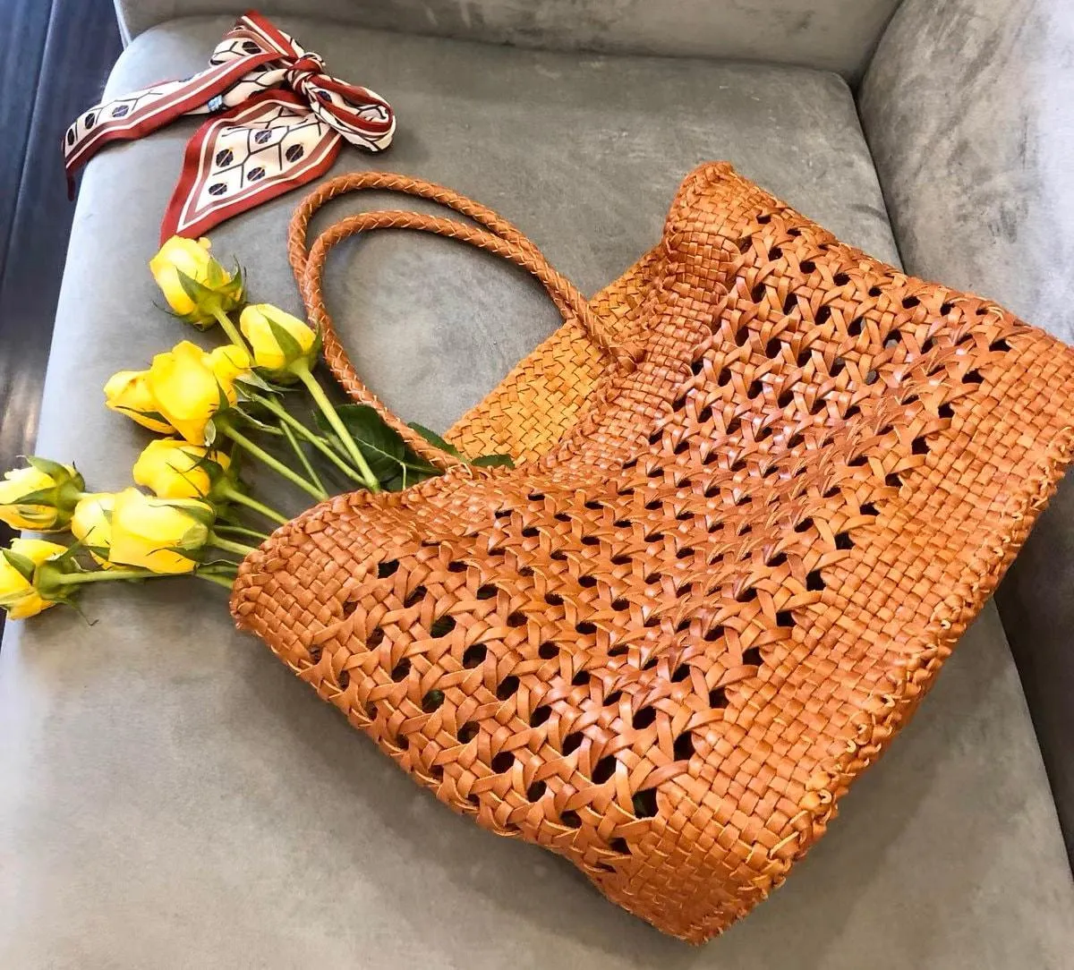 Genuine Leather Hand Woven Cuboid Shaped Ladies Tote Bag | Open Rattan Woven Triple Jump Bamboo Ladies Hobo Holiday Bag, Weekend Basket Bag