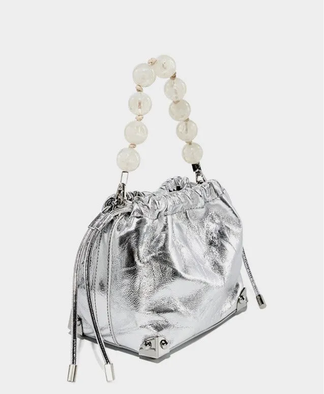 Grace Resin Handle Crossbody Beaded Bucket Bag | Leather Clutch with Floral Pleats