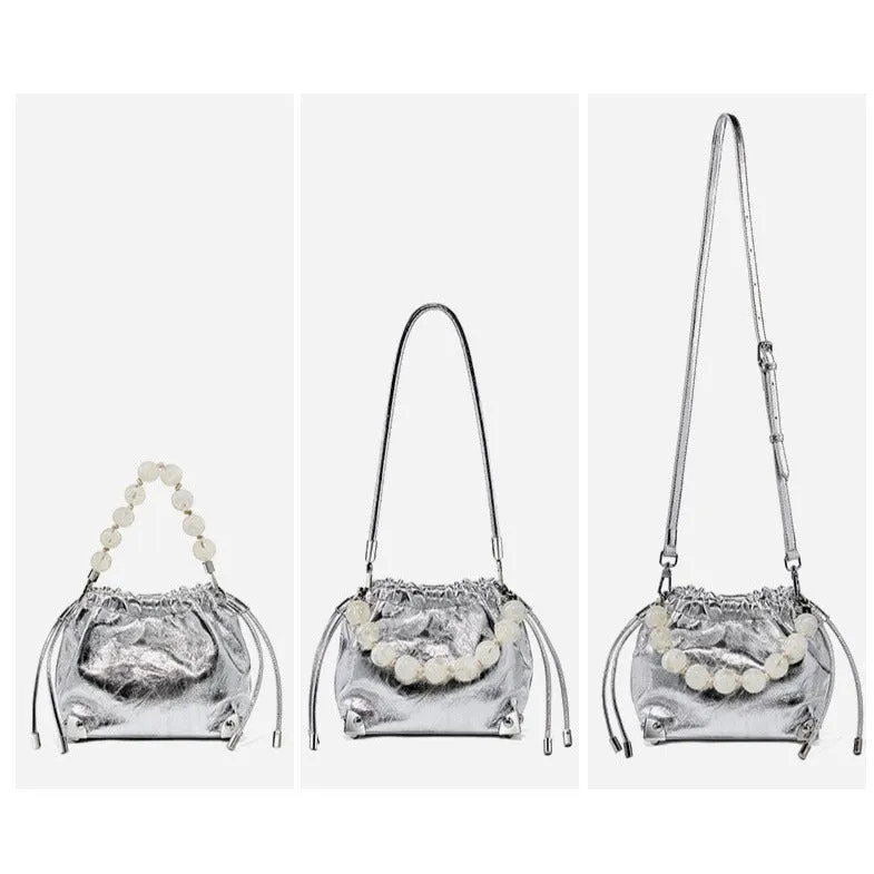 Grace Resin Handle Crossbody Beaded Bucket Bag | Leather Clutch with Floral Pleats