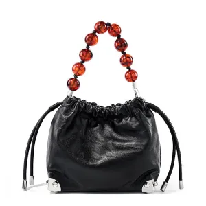 Grace Resin Handle Crossbody Beaded Bucket Bag | Leather Clutch with Floral Pleats