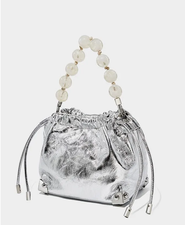 Grace Resin Handle Crossbody Beaded Bucket Bag | Leather Clutch with Floral Pleats