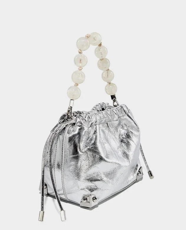 Grace Resin Handle Crossbody Beaded Bucket Bag | Leather Clutch with Floral Pleats