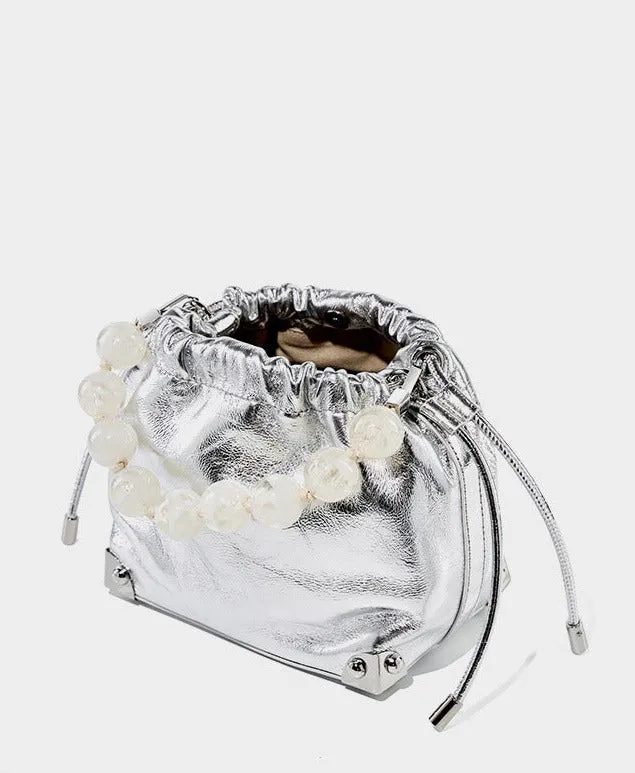 Grace Resin Handle Crossbody Beaded Bucket Bag | Leather Clutch with Floral Pleats