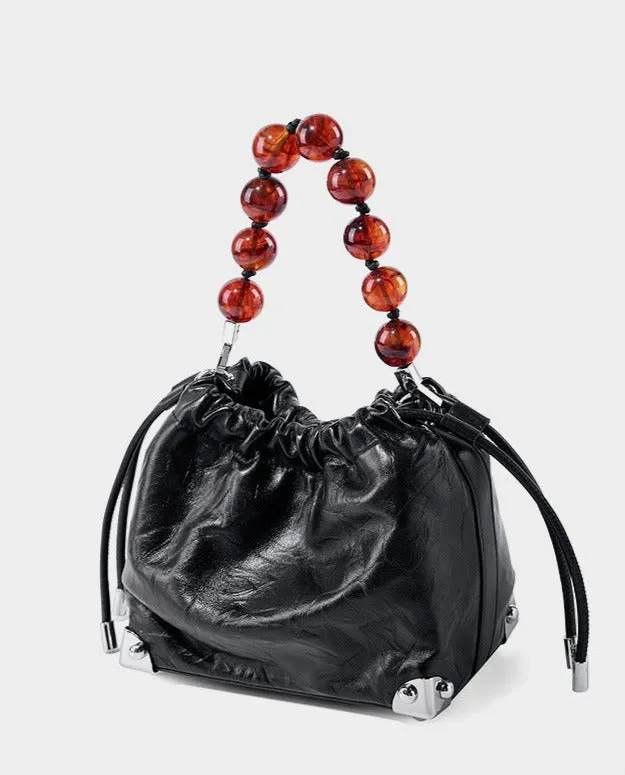 Grace Resin Handle Crossbody Beaded Bucket Bag | Leather Clutch with Floral Pleats