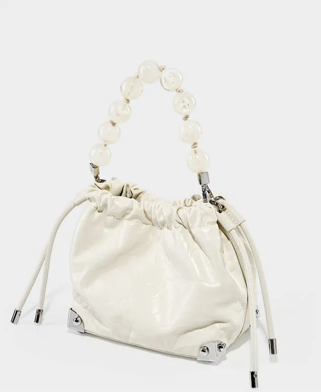 Grace Resin Handle Crossbody Beaded Bucket Bag | Leather Clutch with Floral Pleats