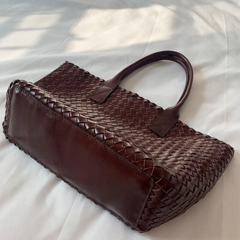 Hand woven Cowhide Leather Tote bag, Ladies' Handbag, Woven Triple Jump Bamboo Hobo Holiday Bag, Beach Basket Shoulder Bag, Designer Woven Bag