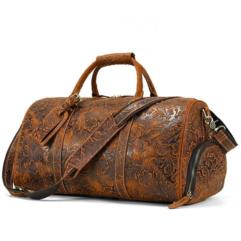 Handcrafted Embossed Cowhide Leather Duffle Bag, Large Vacation Travel Bag, Travel Holdall, Lightweight Cabin Luggage, Leather Gym Bag