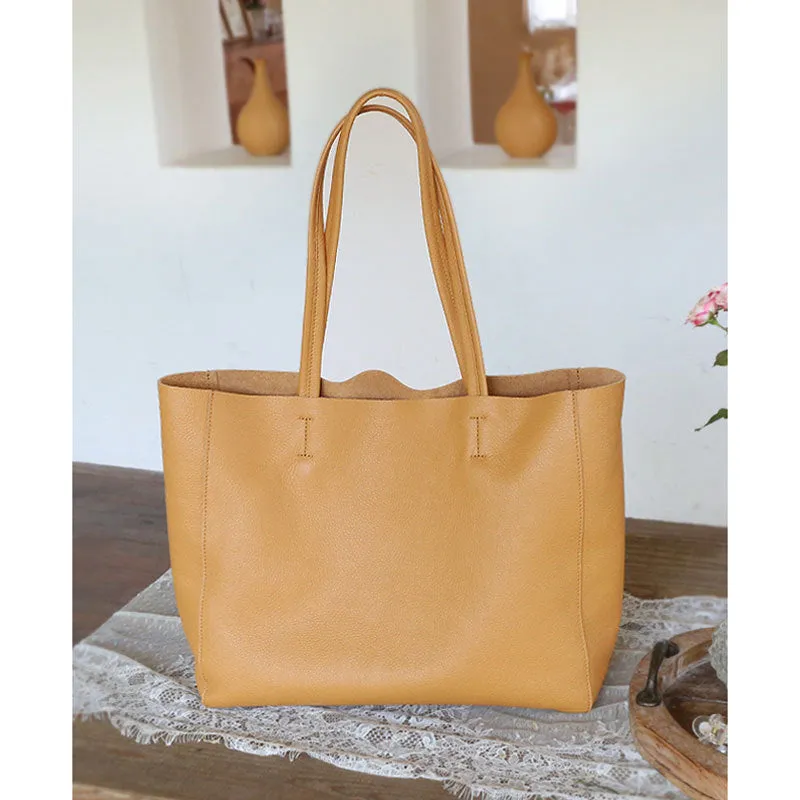 Handcrafted Leather Tote Bag ｜ Grain Leather Large Tote Bag Yellow Colour, Birthday gift for her