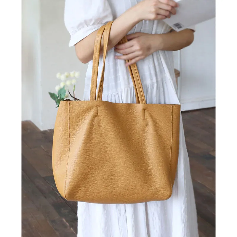 Handcrafted Leather Tote Bag ｜ Grain Leather Large Tote Bag Yellow Colour, Birthday gift for her