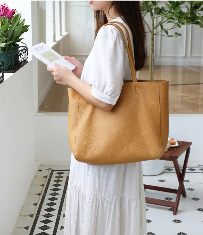 Handcrafted Leather Tote Bag ｜ Grain Leather Large Tote Bag Yellow Colour, Birthday gift for her