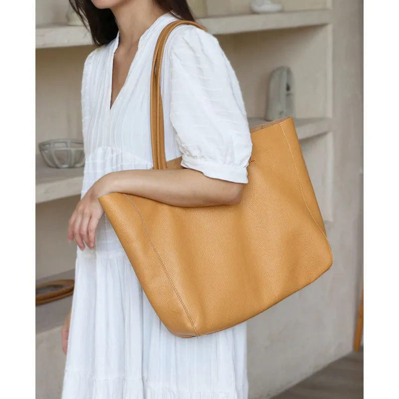 Handcrafted Leather Tote Bag ｜ Grain Leather Large Tote Bag Yellow Colour, Birthday gift for her