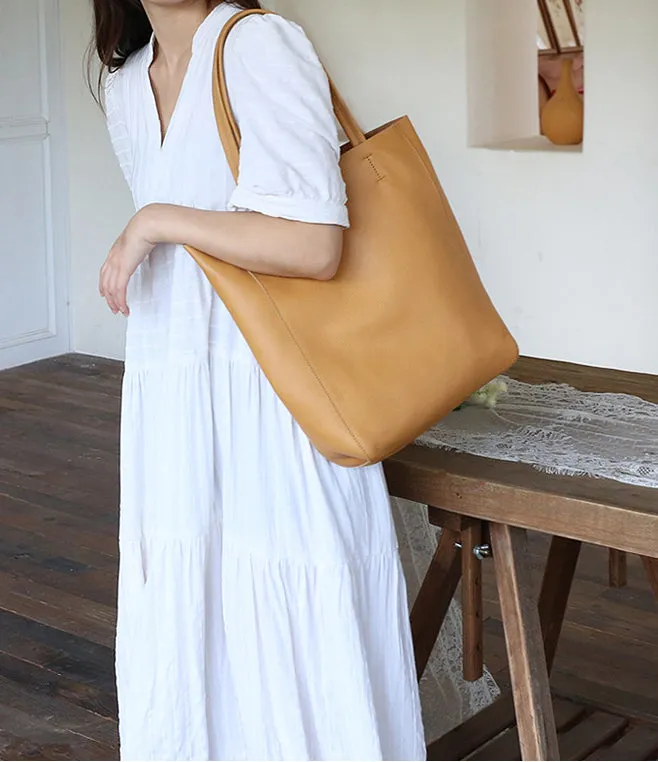 Handcrafted Leather Tote Bag ｜ Grain Leather Large Tote Bag Yellow Colour, Birthday gift for her