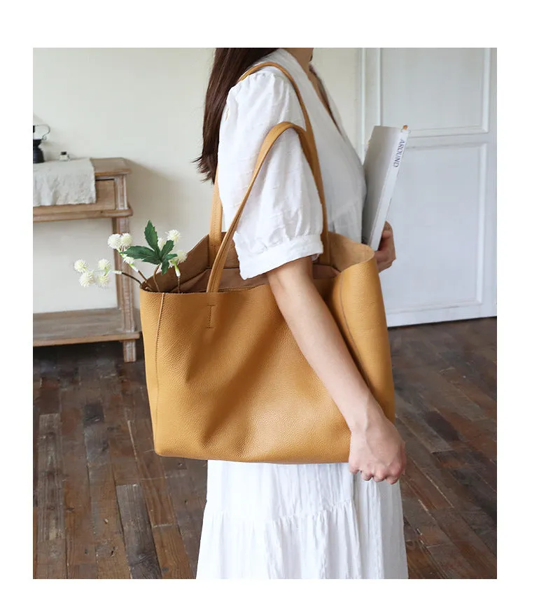 Handcrafted Leather Tote Bag ｜ Grain Leather Large Tote Bag Yellow Colour, Birthday gift for her