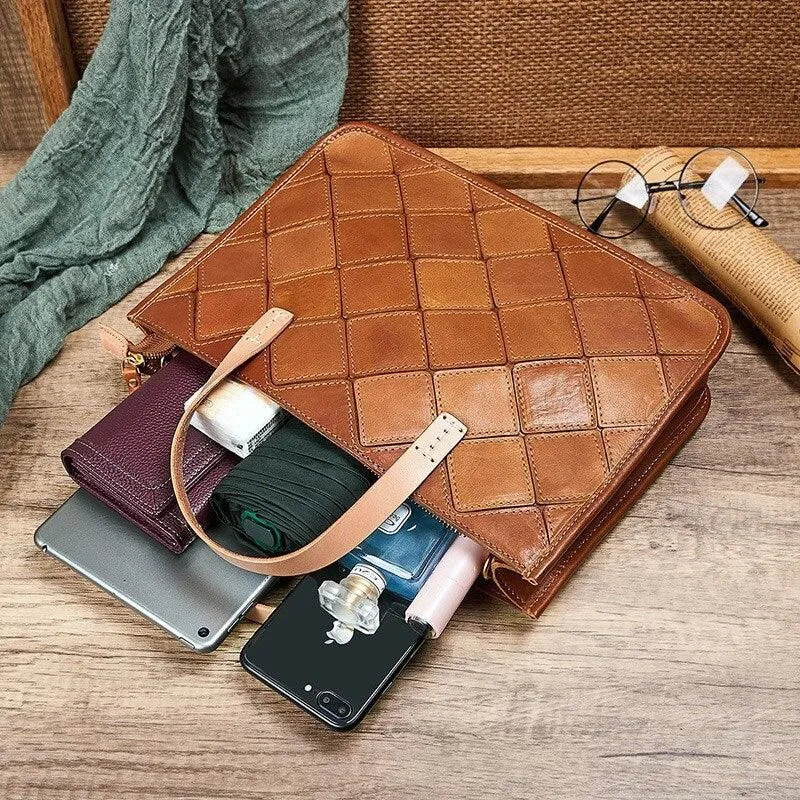 Italy Cowhide Leather Handbag Handcrafted, Brown Leather Shoulder Bag, Leather Crossbody Bag, Diamond Pattern Bag, Gift For Her/Him