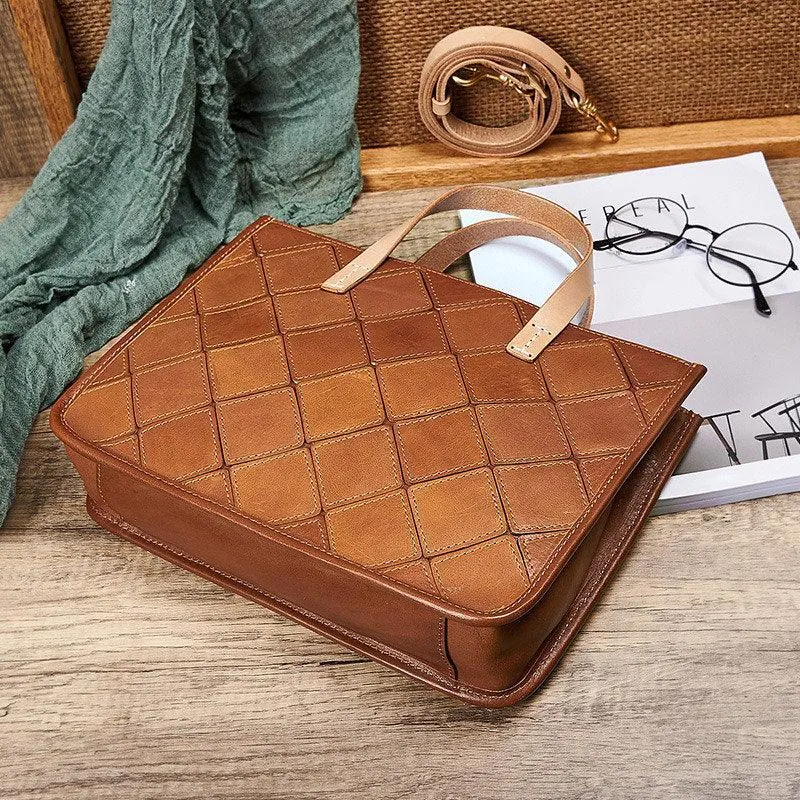 Italy Cowhide Leather Handbag Handcrafted, Brown Leather Shoulder Bag, Leather Crossbody Bag, Diamond Pattern Bag, Gift For Her/Him