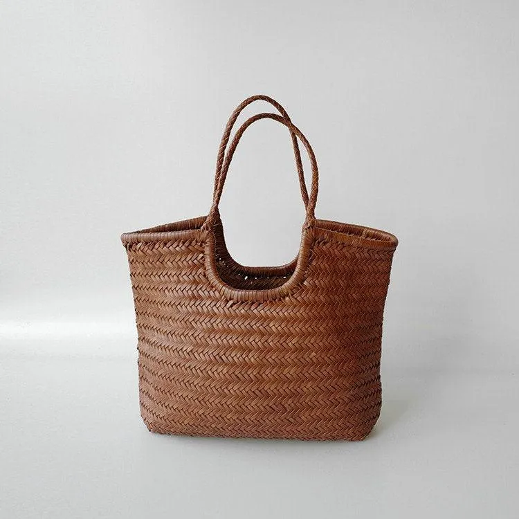 Italy Cowhide Leather Summer Woven Bag, Woven Triple Jump Bamboo Style HandBag, Beach Bag, Basket Bag, Hobo Leather Bag, Gift For Her