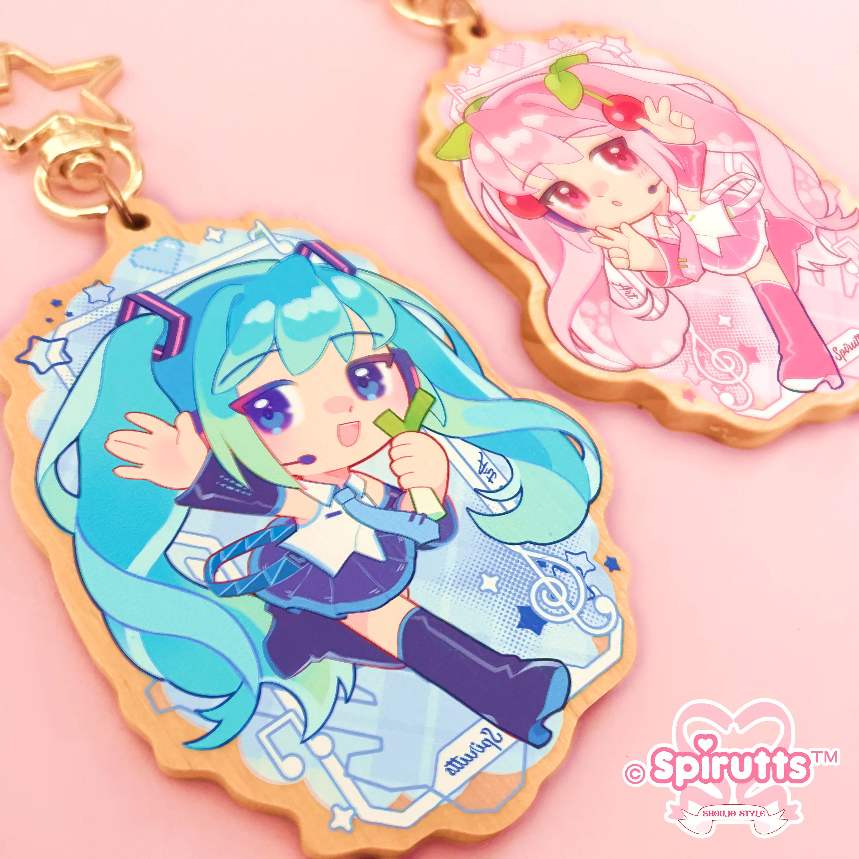 KEYCHAIN(S) - Classic and Sakura Miku / Anime / Vocaloids / Cherry Blossoms - Double-sided wooden charm/Matching Pair/Gold clip attachments