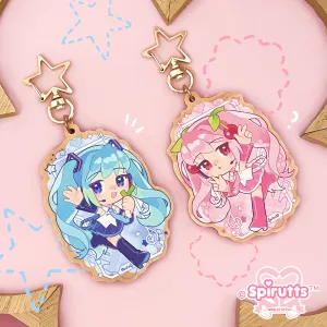 KEYCHAIN(S) - Classic and Sakura Miku / Anime / Vocaloids / Cherry Blossoms - Double-sided wooden charm/Matching Pair/Gold clip attachments