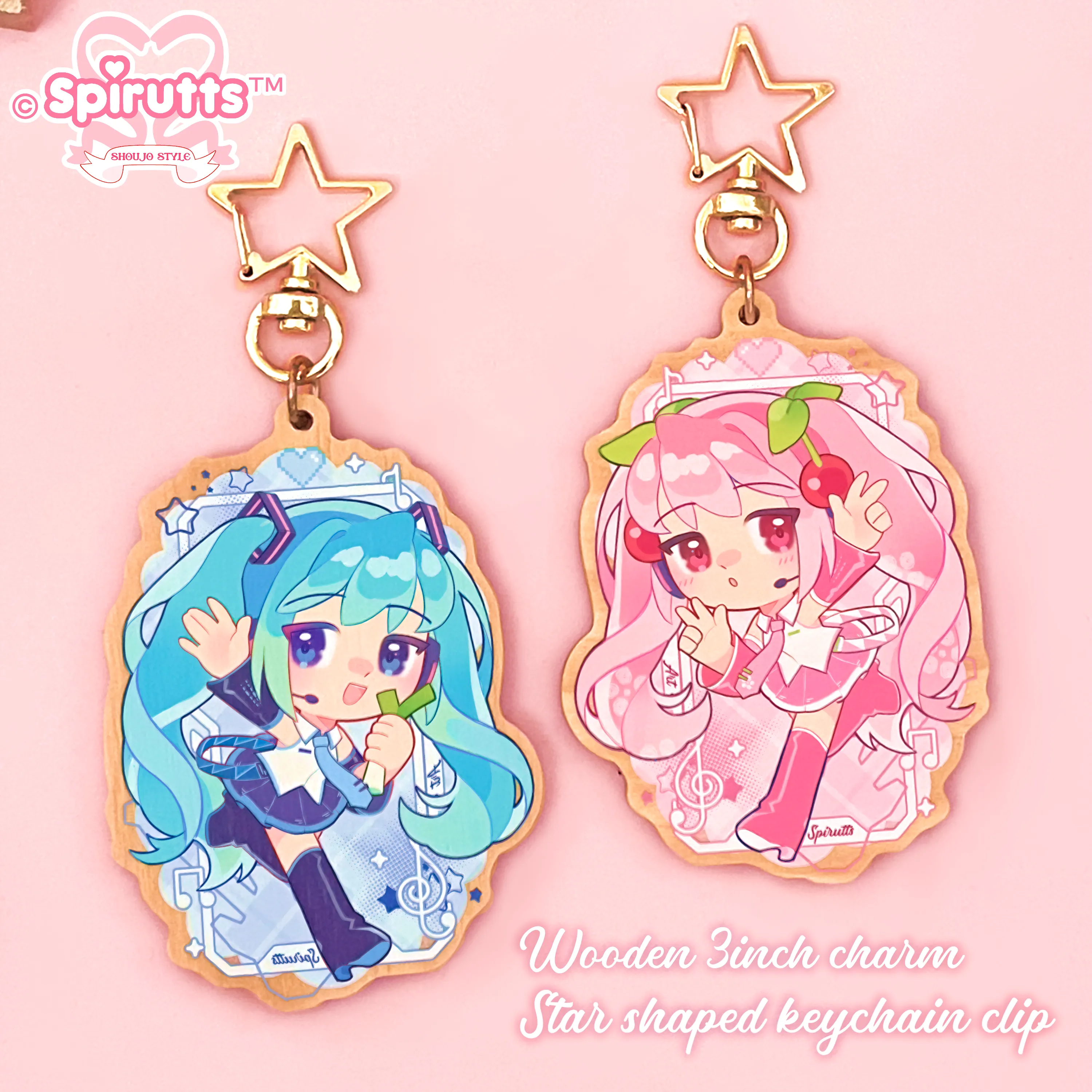 KEYCHAIN(S) - Classic and Sakura Miku / Anime / Vocaloids / Cherry Blossoms - Double-sided wooden charm/Matching Pair/Gold clip attachments