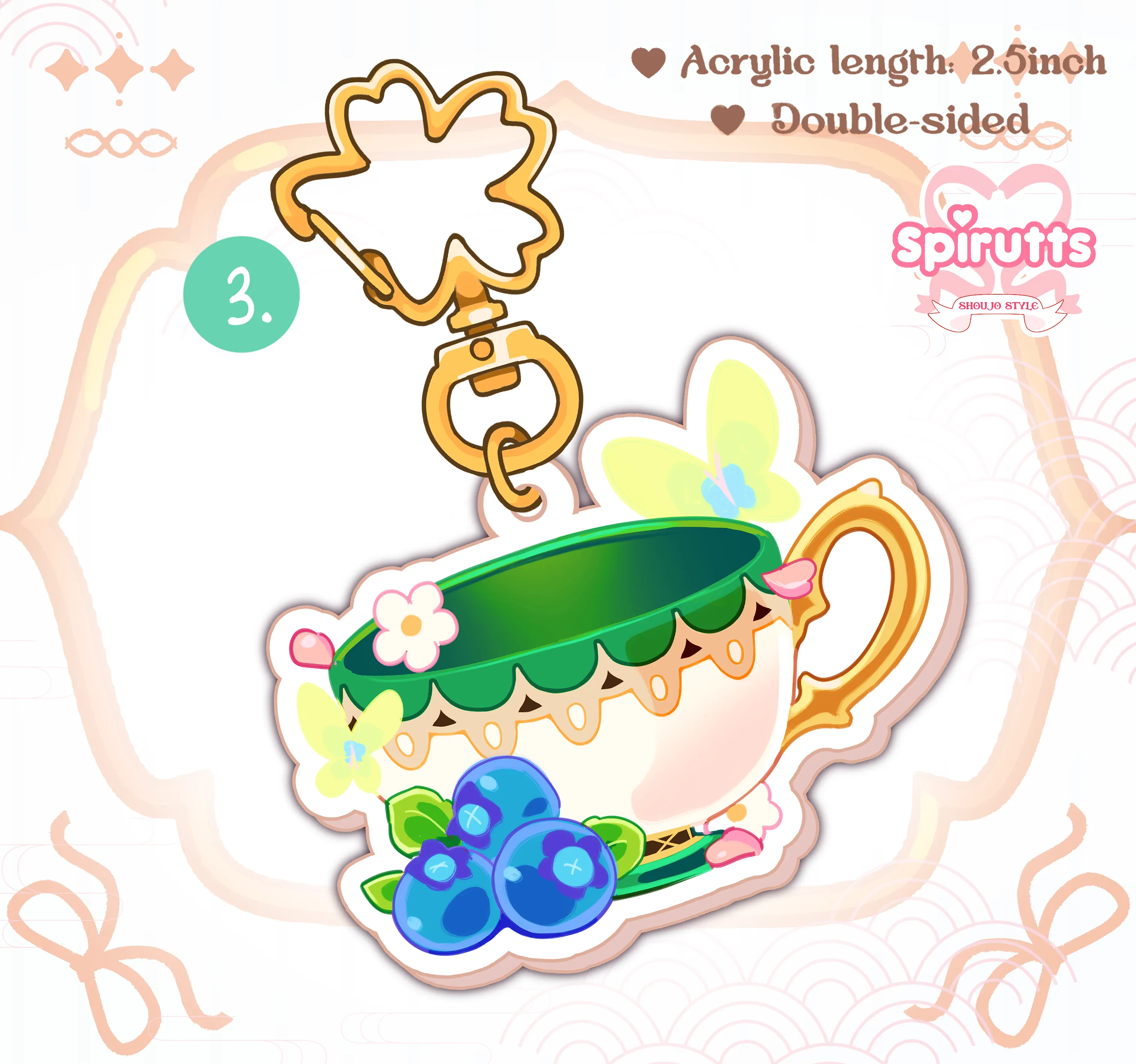 KEYCHAIN(S) - Genshin teacups!  - Double-sided acrylic/Blossom-shaped Gold Chain/Charm