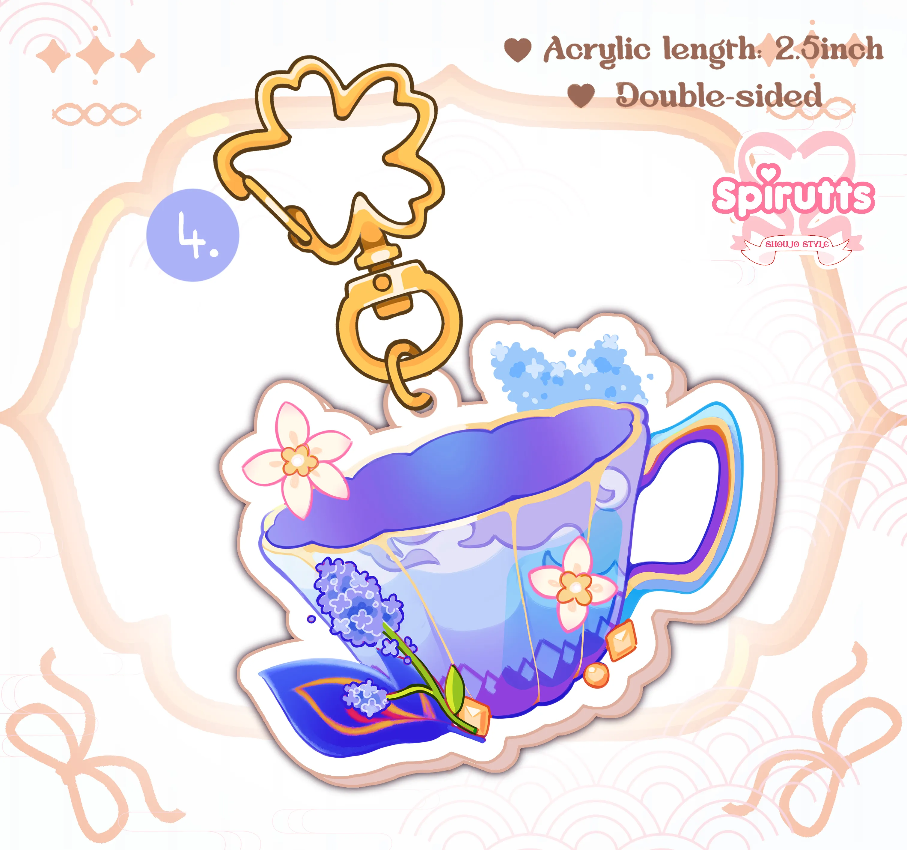 KEYCHAIN(S) - Genshin teacups!  - Double-sided acrylic/Blossom-shaped Gold Chain/Charm