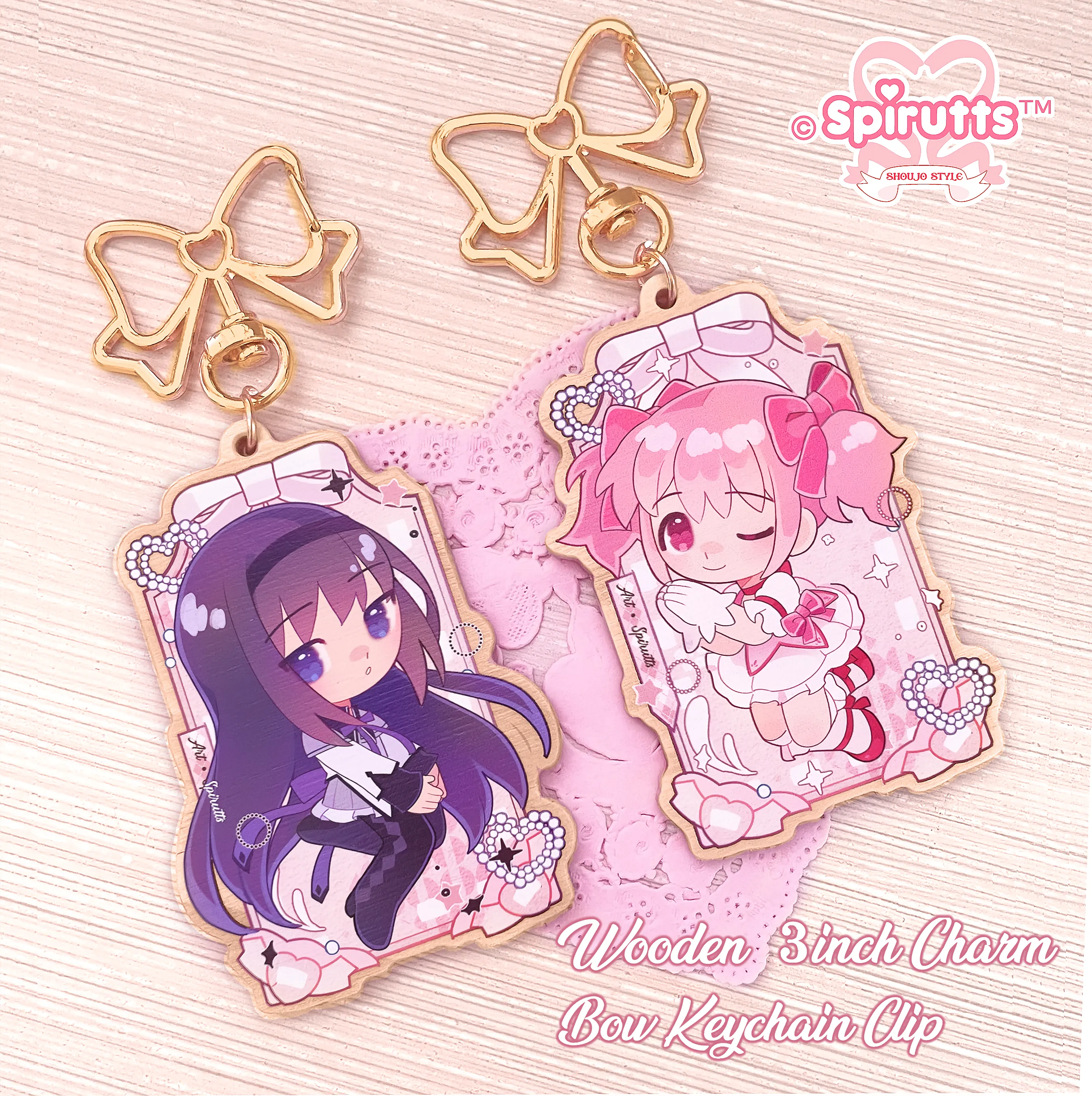 KEYCHAIN(S) - Mahou Magica couple - Double-sided wooden charm/Matching Pair/Gold clip attachments