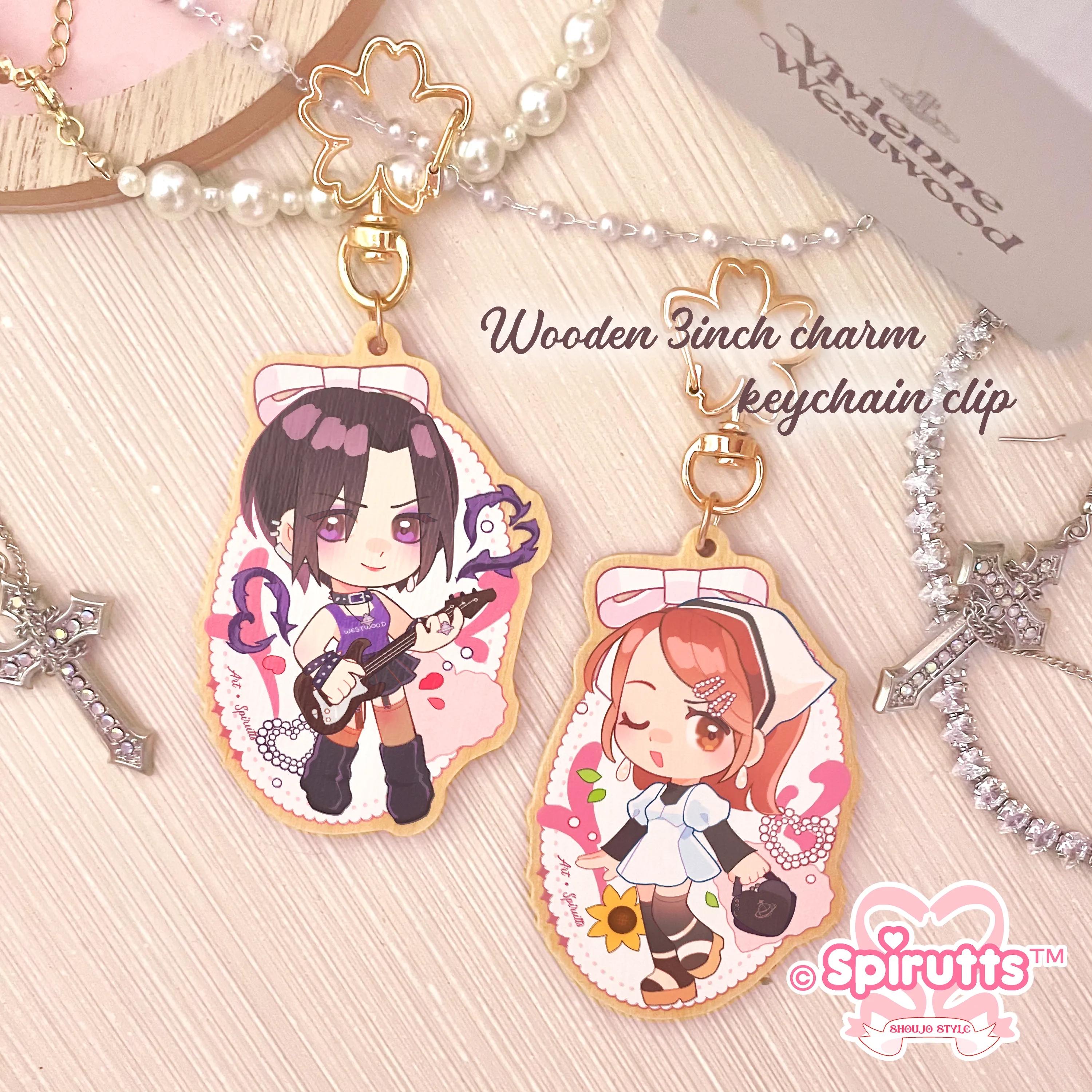 KEYCHAIN(S) - Nana / Retro Anime / punk / couples accessory - Double-sided wooden charm/Matching Pair/Gold clip attachments