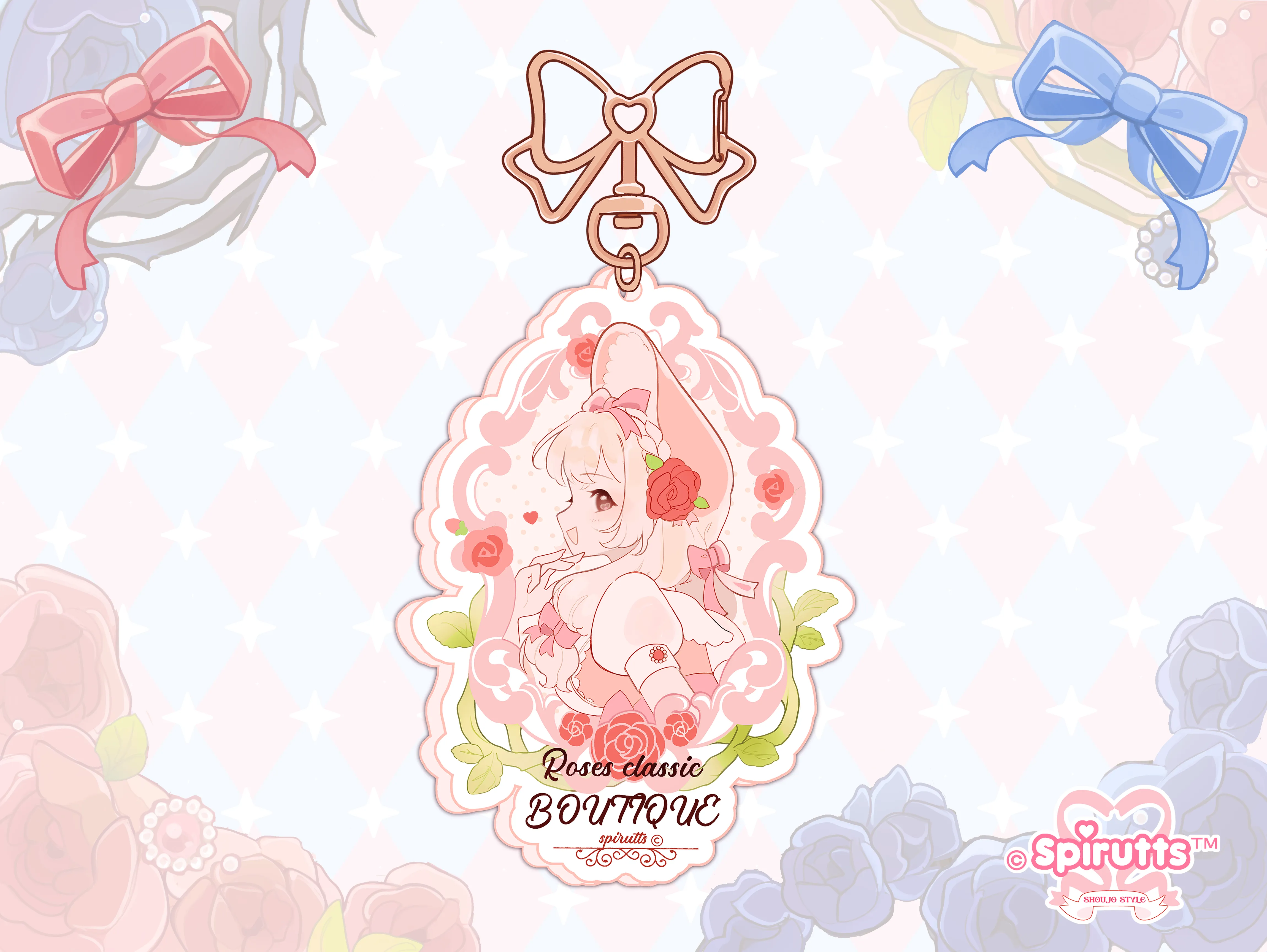 KEYCHAIN(S) - Rose & Thorn!  - Double-sided acrylic/Bow-shaped Gold Chain/Charm