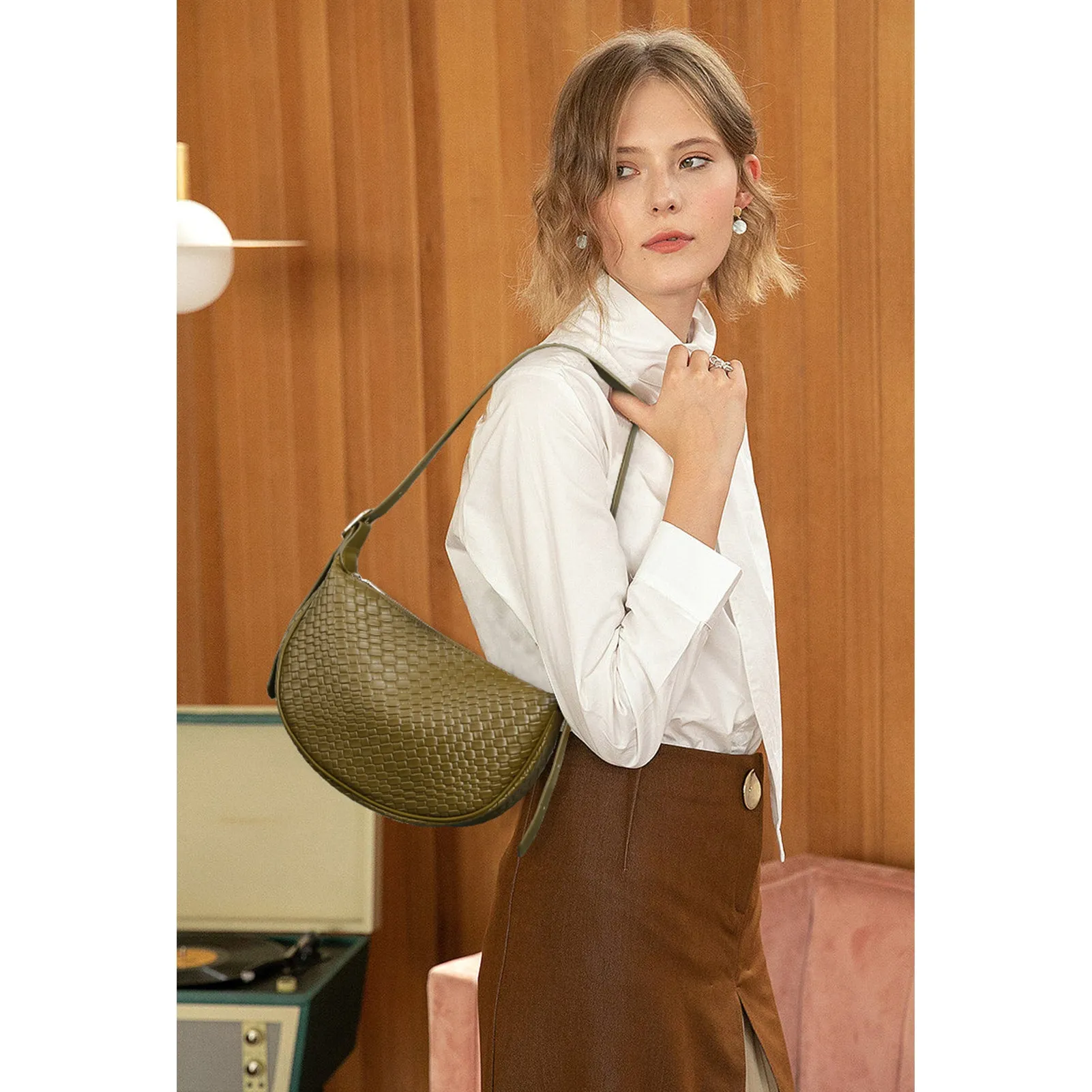 KWELI Woven Leather Half Moon Shoulder Bag