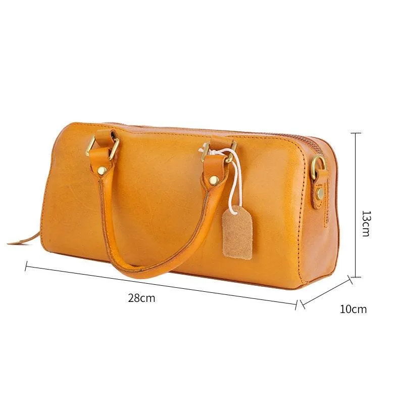 Leather Boston Bag Medium, Women Tanned Leather Baguette Bag, Cute Handbag Purses and Bags Vintage Style Designer Bag Mother's Day Gift