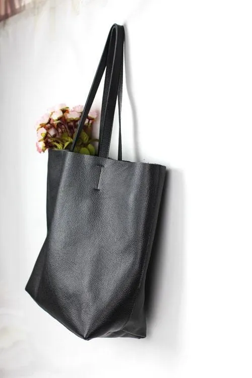 Large Full Grain Leather Black Tote Bag - Ideal Valentines Day Gift