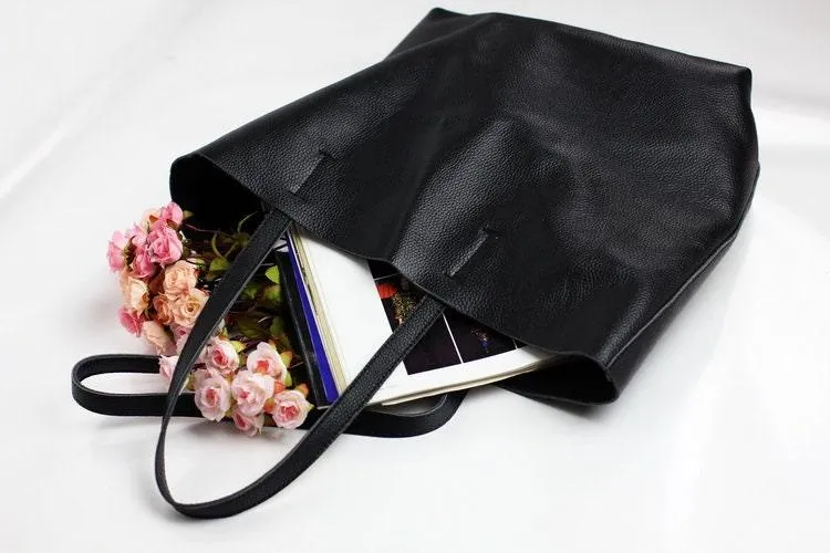 Large Full Grain Leather Black Tote Bag - Ideal Valentines Day Gift