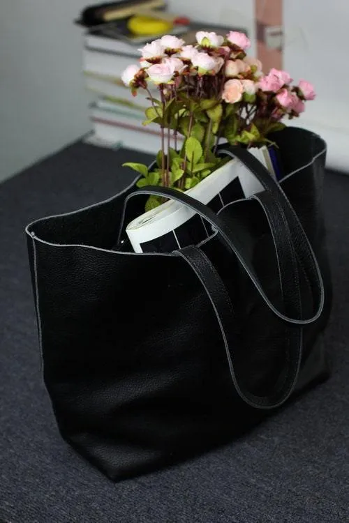 Large Full Grain Leather Black Tote Bag - Ideal Valentines Day Gift