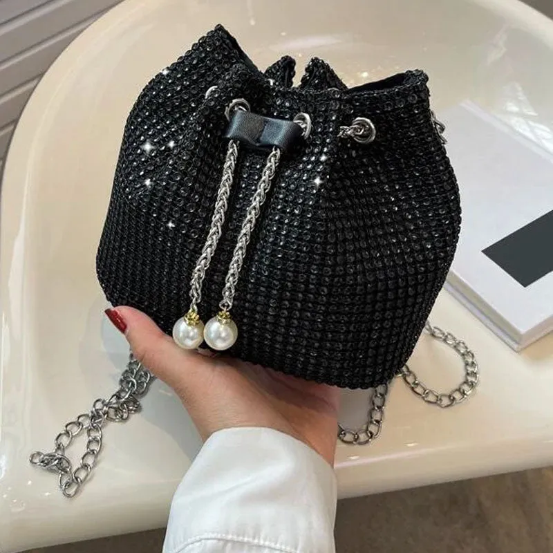 Mini Rhinestone & Faux Pearl Decor Drawstring Design Chain Bucket Bag