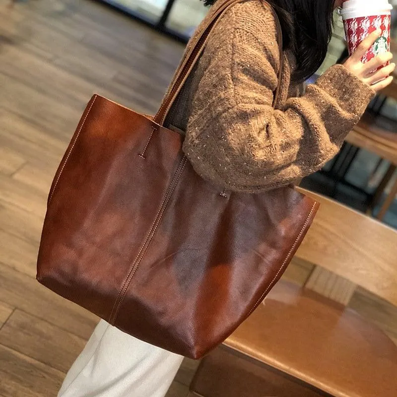 Minimalist Leather Tote Bag Casual Distressed Leather Bag Large Shopper Bag Leather Diaper Bag Slouchy Tote Shoulder Bag Christmas Gift