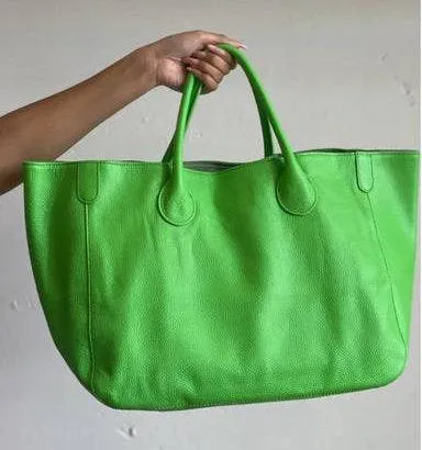 Neon Green Large Leather Tote Bag, Cowhide Leather Bag, Lady Fashion Bag Green, Leather Weekend Bag, Women Carry Out Bag, Gifts For Her